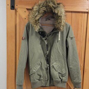 Roxy Bomber Jacket Faux Fur Trim Hood - Army Green XL